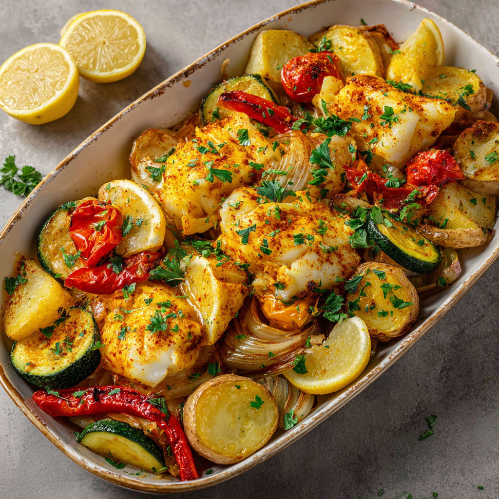 Bol rempli de cabillaud, légumes et citron.