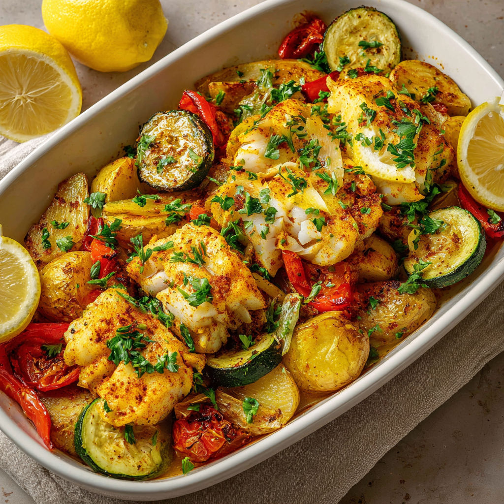 Assiette garnie de poisson, légumes variés et citron.