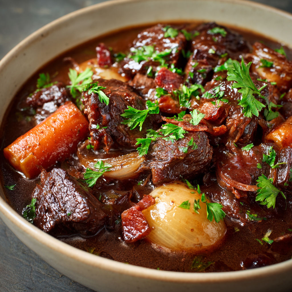Boeuf bourguignon généreux garni de carottes et d’herbes fraiches.