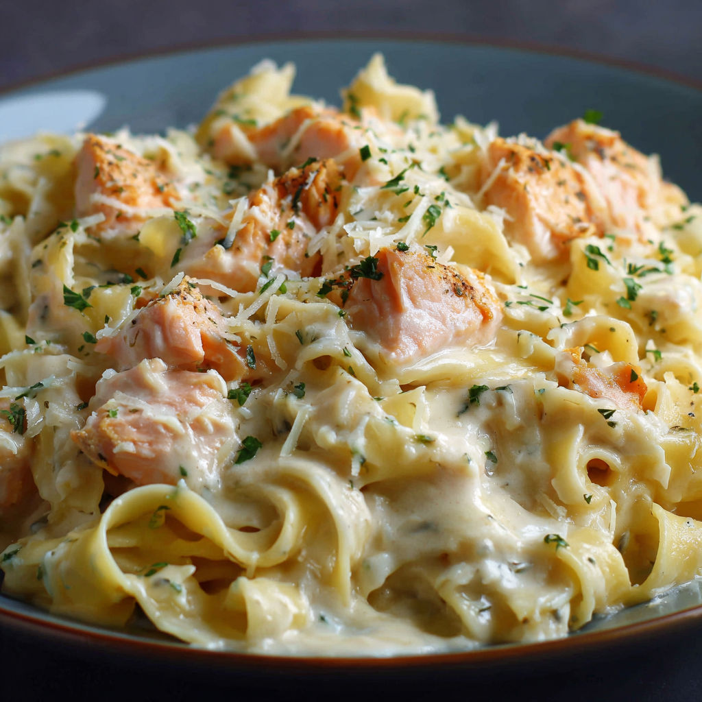 Spaghetti servis avec de beaux morceaux de poisson et des herbes fraîches.