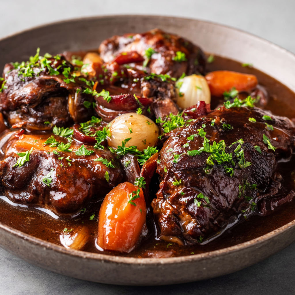 Un plat mijoté de viande, carottes et lardons dans une sauce sombre, servi dans un bol métallique.