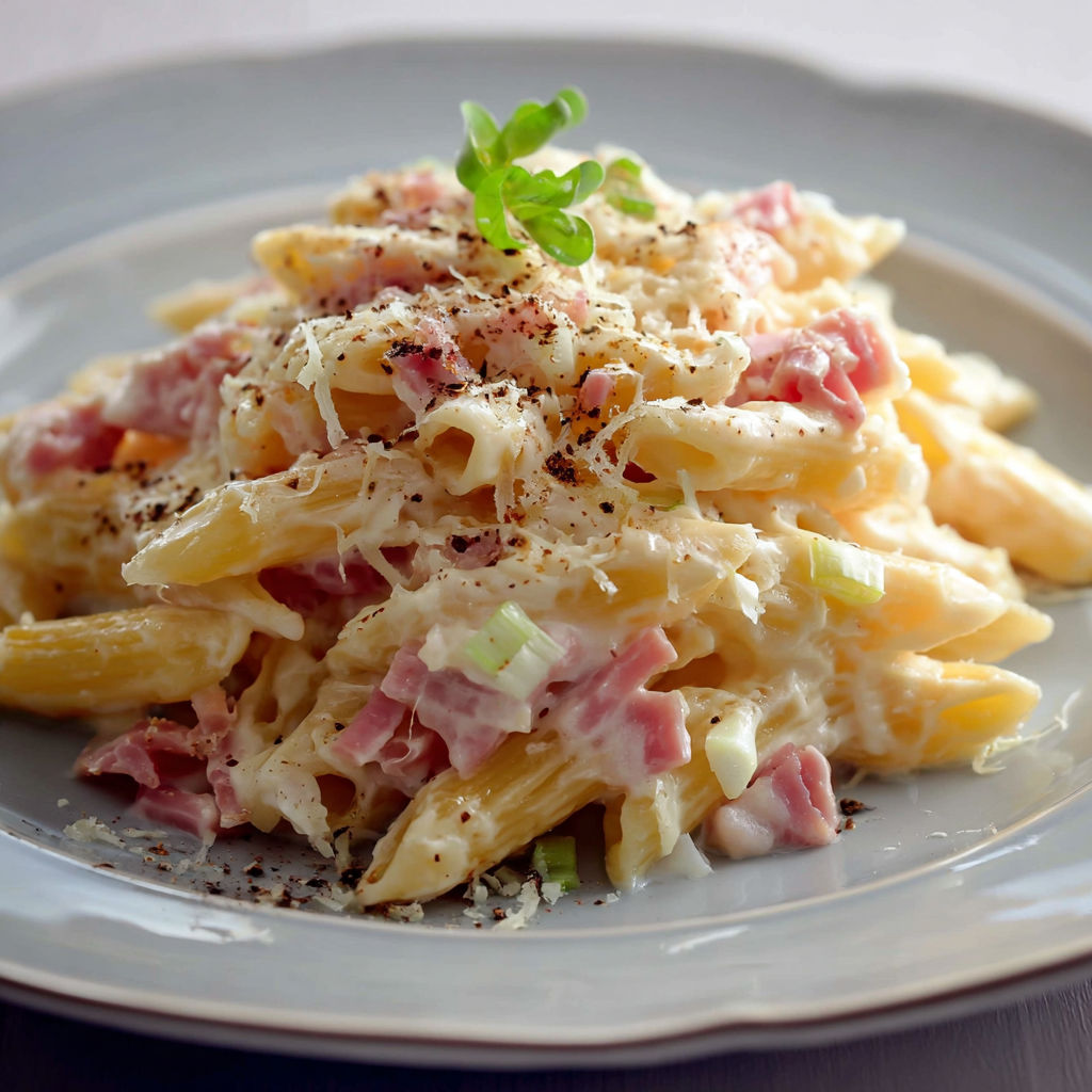 Pennes et jambon fondants sur une assiette, posée sur un plateau.