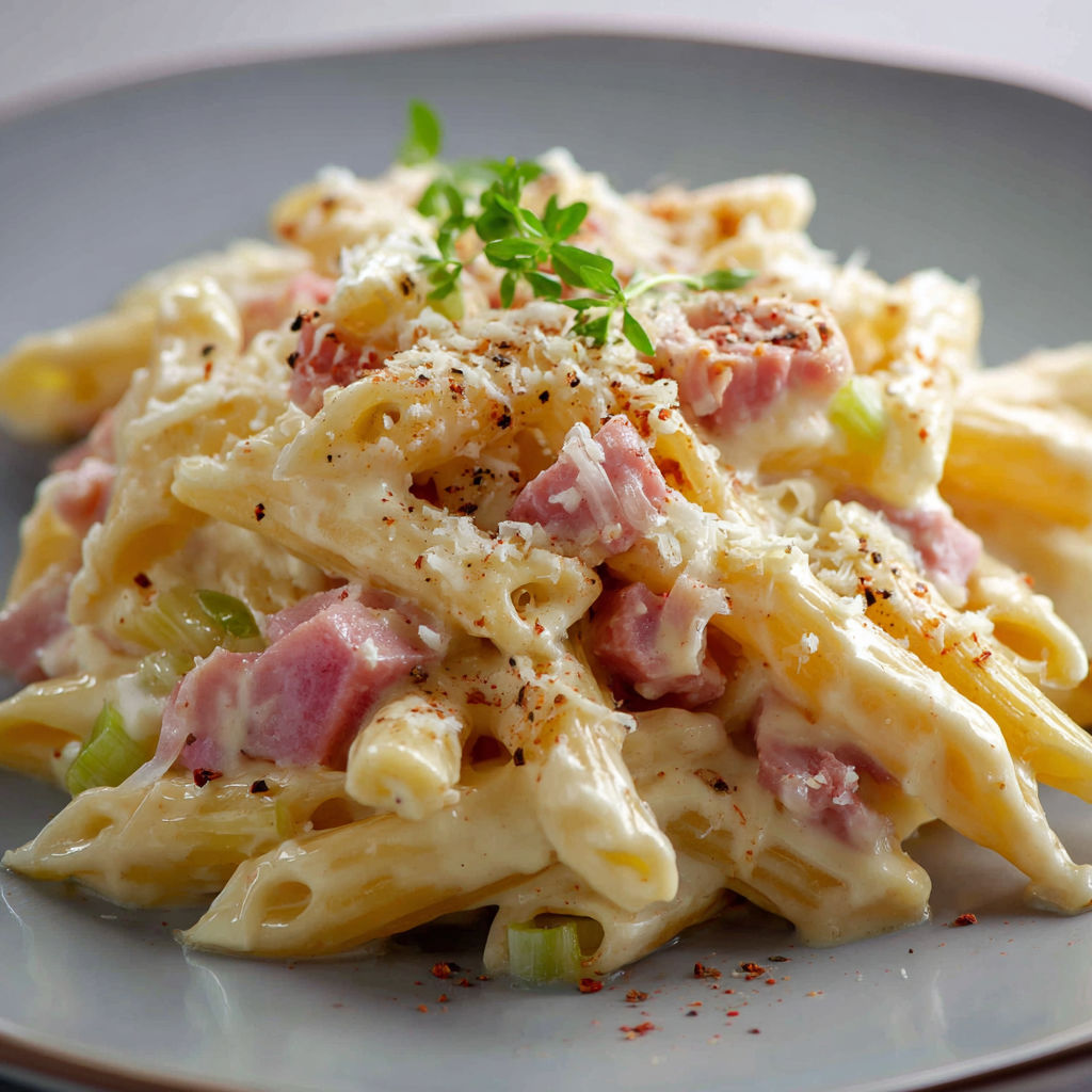 Un plat de macaronis et jambon avec des herbes fraîches.