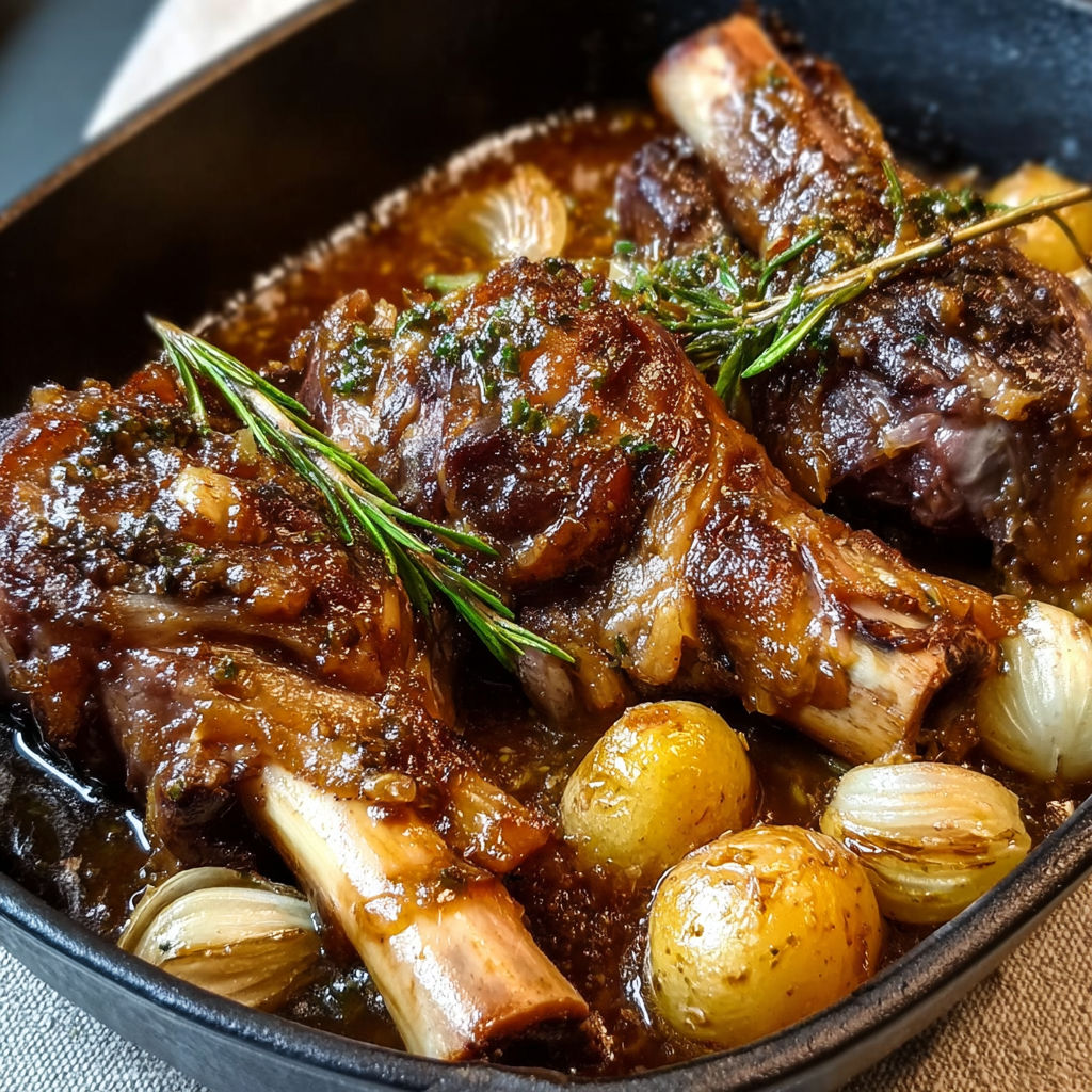 Souris d'Agneau confite avec miel et herbes, un plat généreux mijoté dans une sauce savoureuse avec du miel.