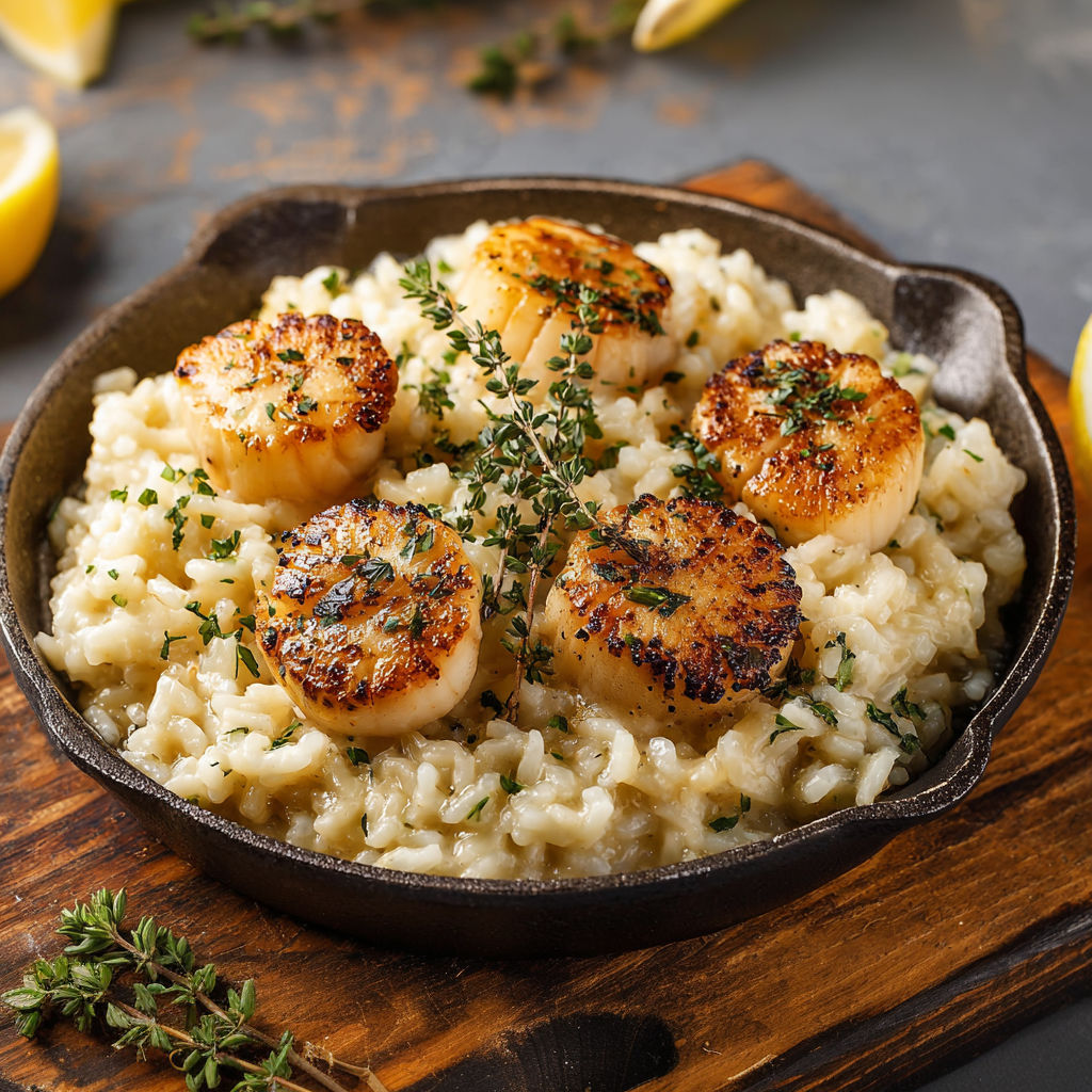 Un plat de risotto aux noix de Saint-Jacques dans un bol en fonte, prêt à être dégusté.