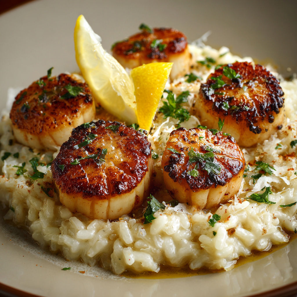 Un plat de risotto accompagné de moules et de citrons.