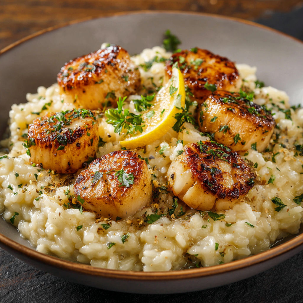 Un plat de risotto accompagné de moules et de citrons.