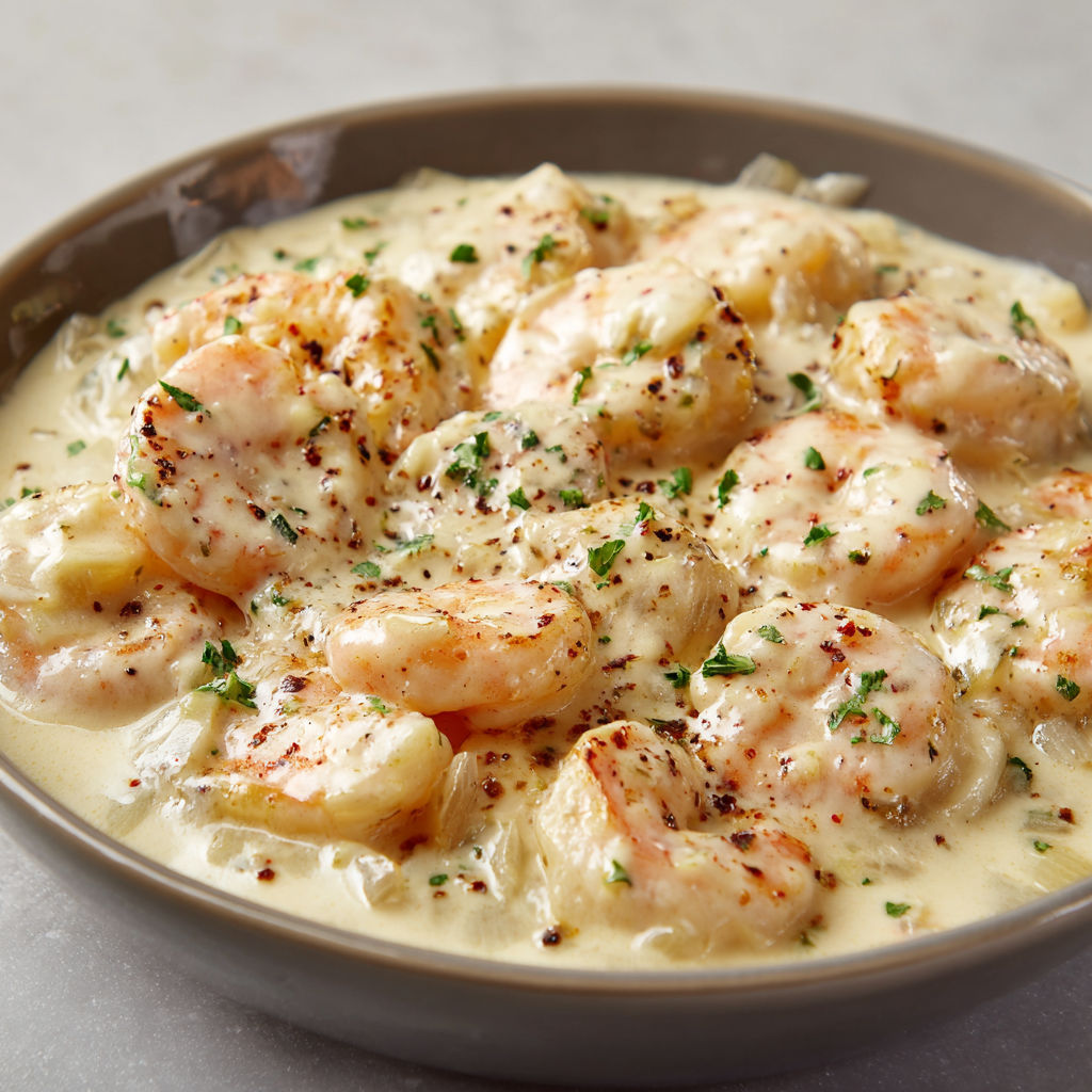 Plat de crevettes dorées, nappées d'une sauce onctueuse et décorées d’herbes fraîches.