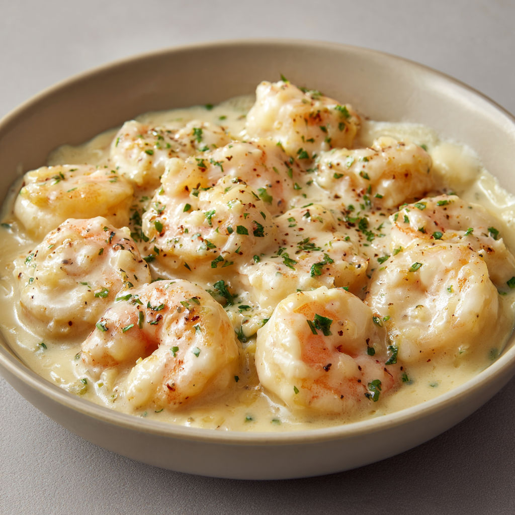 Assiette de crevettes rosées en sauce garnie de quelques herbes.