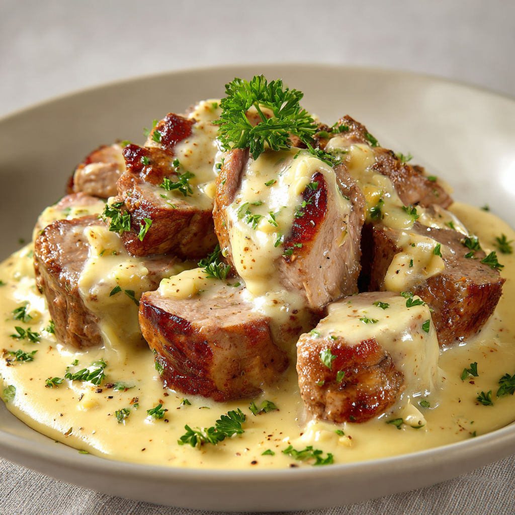 Un plat de Filet Mignon au Reblochon présenté dans un bol en porcelaine.