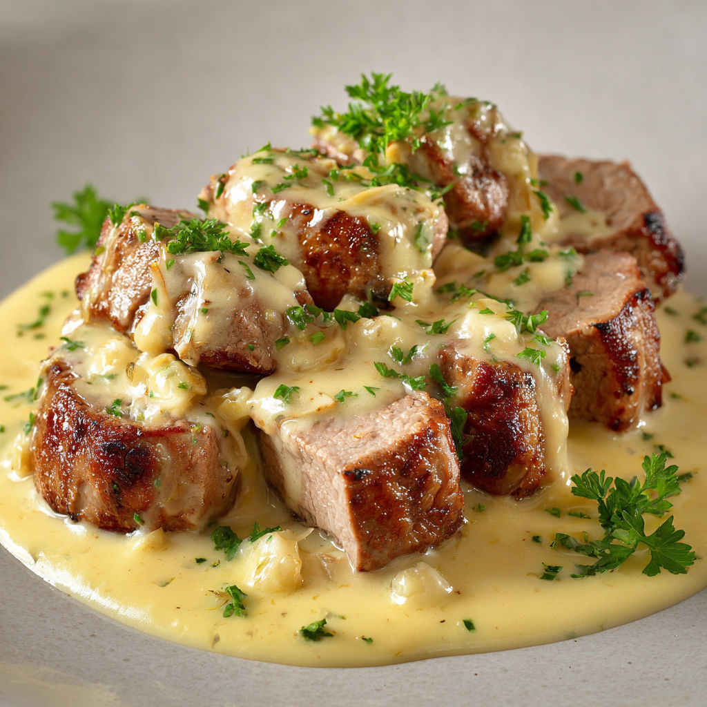 Du steak au pesto servi dans une assiette en céramique.