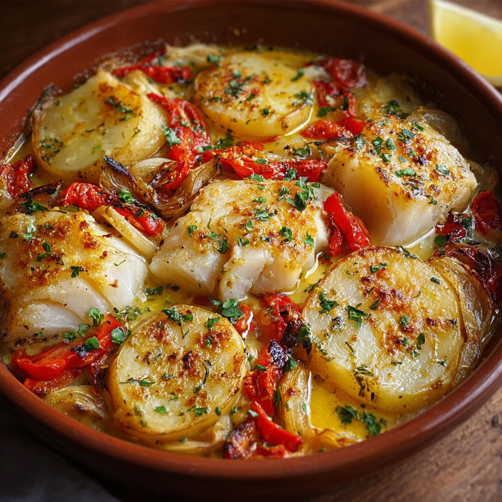 Sur la table, une belle assiette de Bacalhau à la Portugaise, accompagnée de légumes et de touches d’épices.