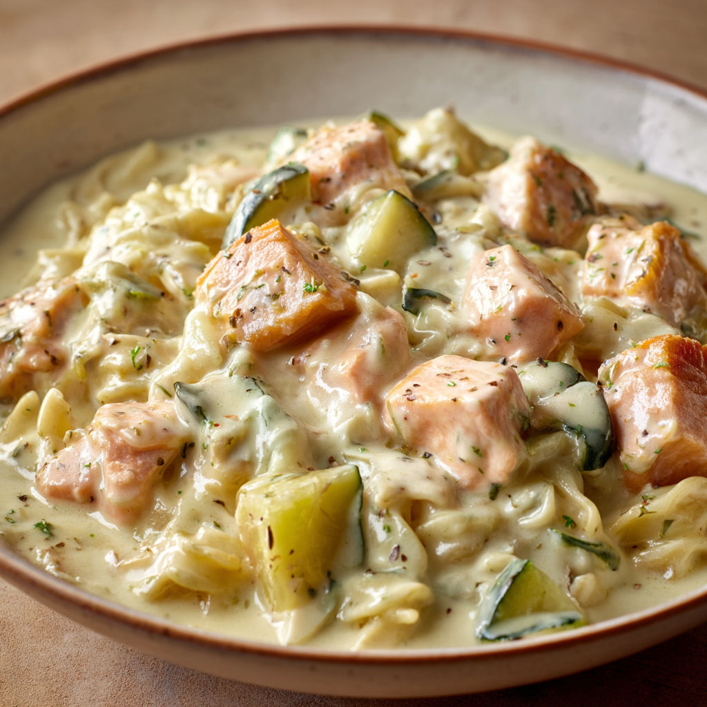 Dans un bol, une blanquette de saumon, pâtes et courgettes attend d’être dégustée à table.