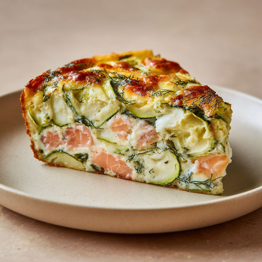 Un morceau de clafoutis aux courgettes et saumon posé sur une assiette, prêt à être dégusté.