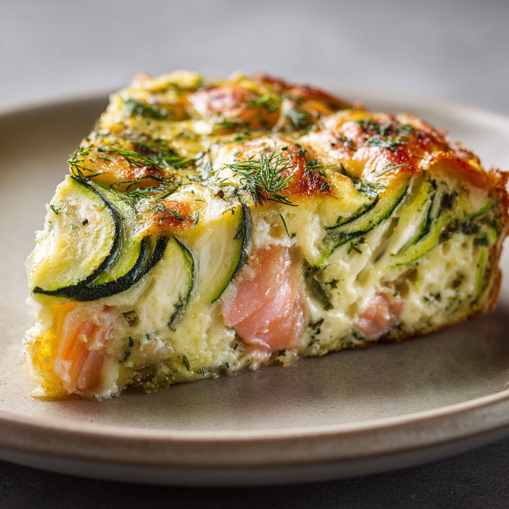 Une tourte de légumes et saumon sur un joli plateau.