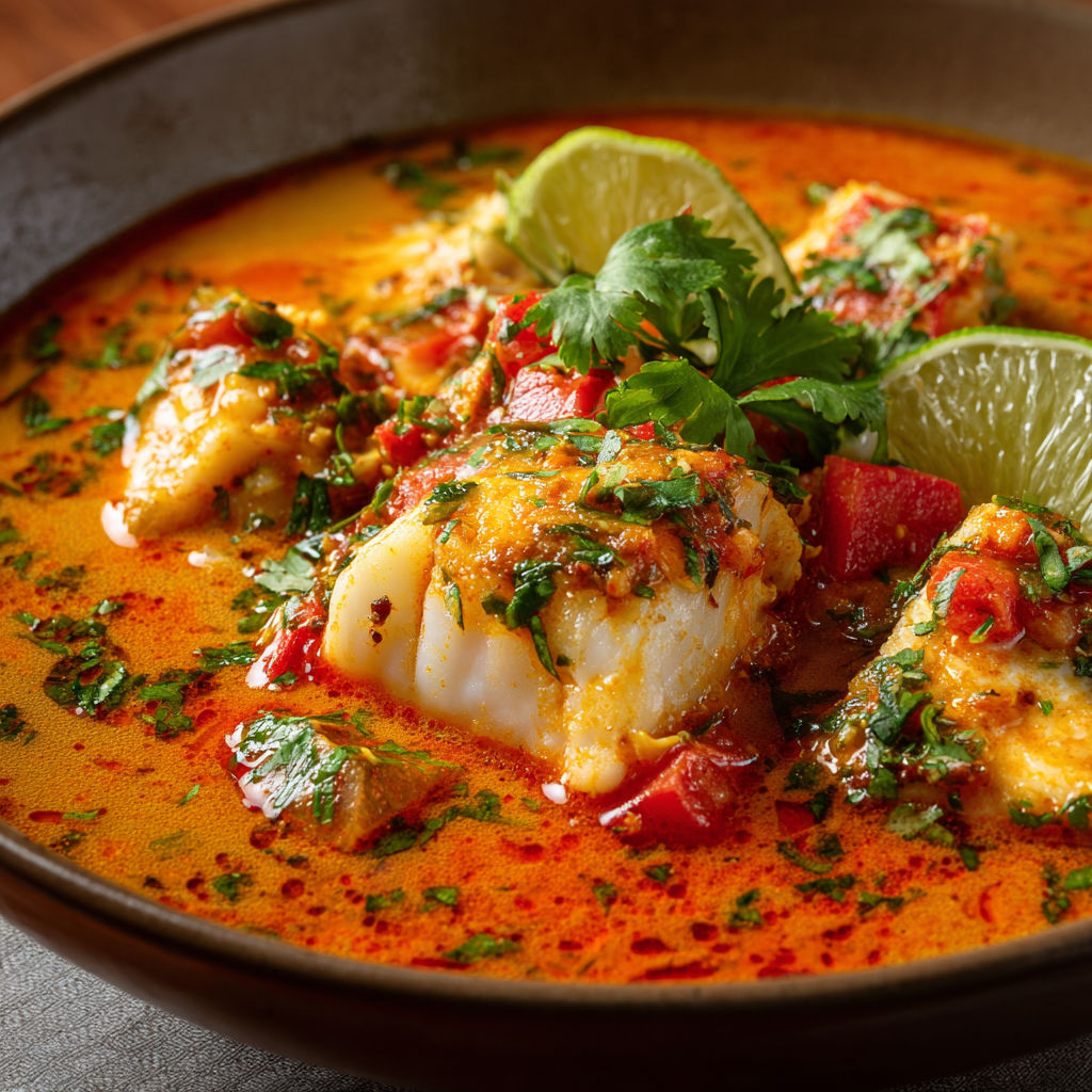Une moqueca baiana bien garnie de poisson, légumes et quartiers de citron vert, posée dans un joli bol.