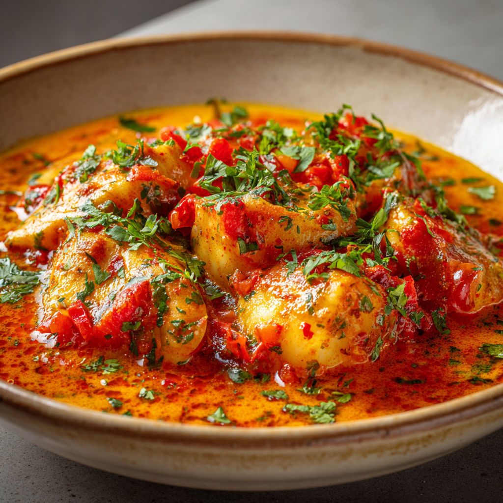 Un bol généreux de bouillabaisse dorée avec du poisson et légumes colorés.