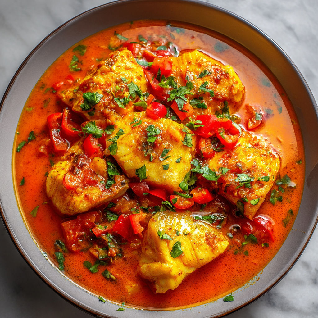 Un gratin de poisson bien doré avec plein de légumes colorés autour.