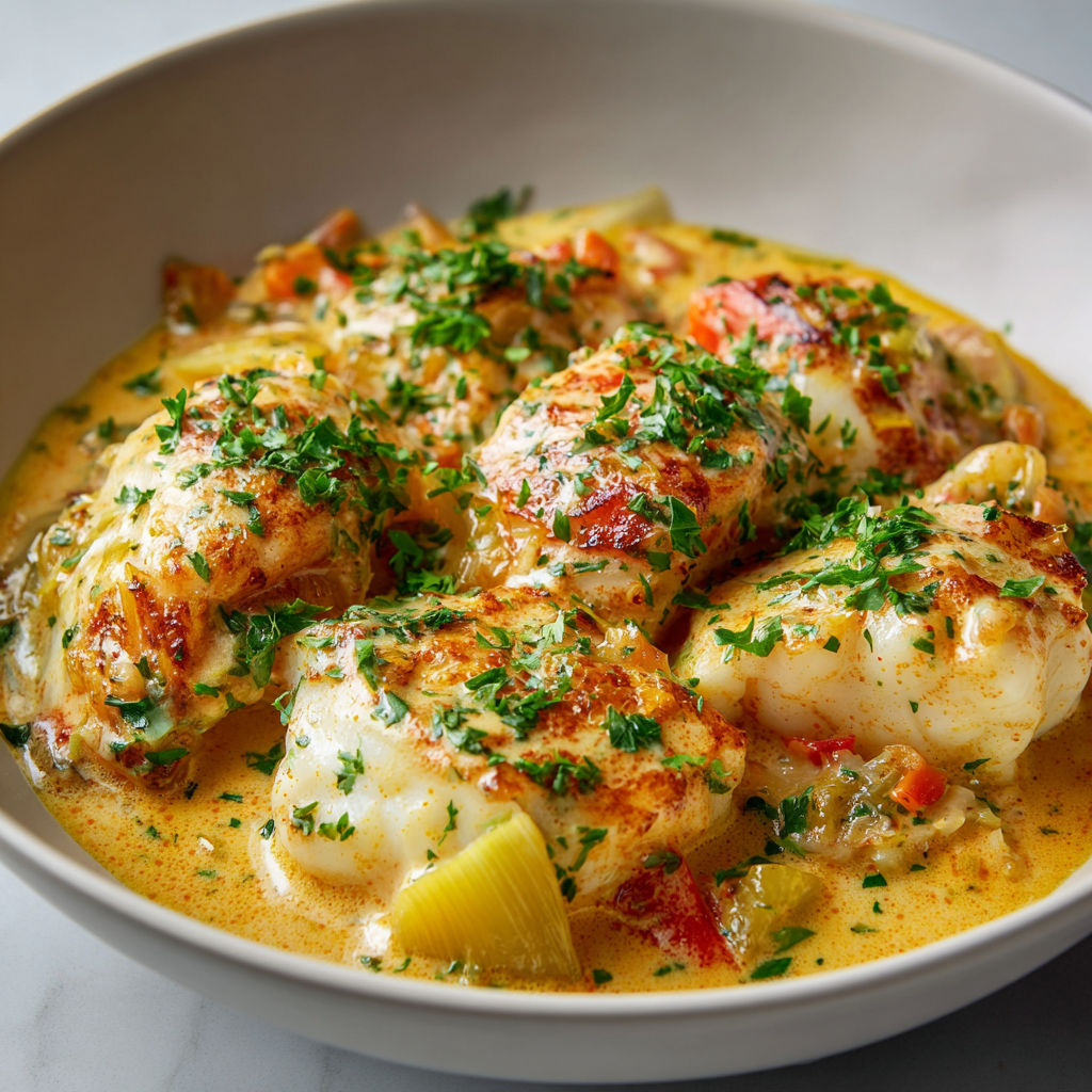 Une belle assiette de blanquette cabillaud à la bisque de homard, garnie d’herbes et de légumes frais.