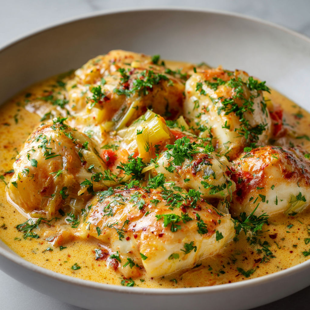 Du poisson garni d’herbes fraîches dans une sauce savoureuse, entouré de légumes.