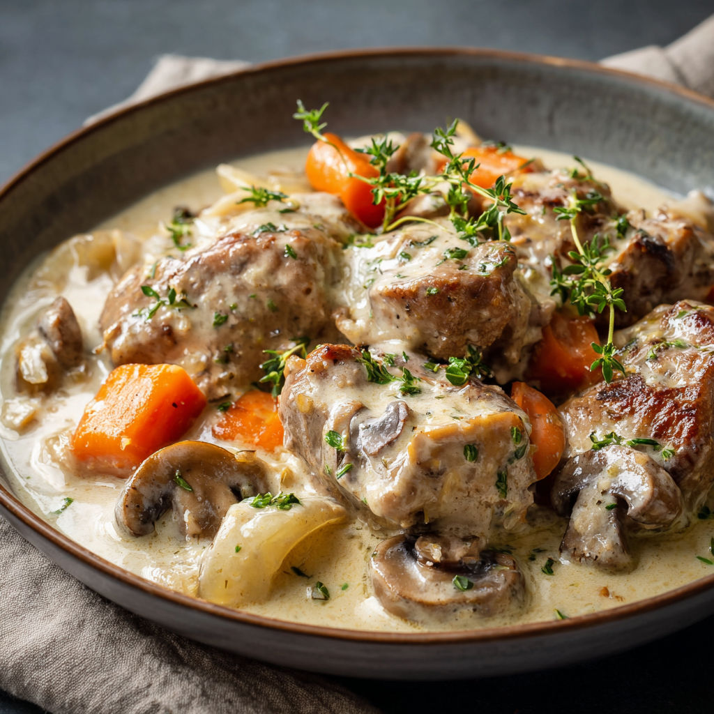 Plat de viande mijotée avec carottes et champignons fondants.