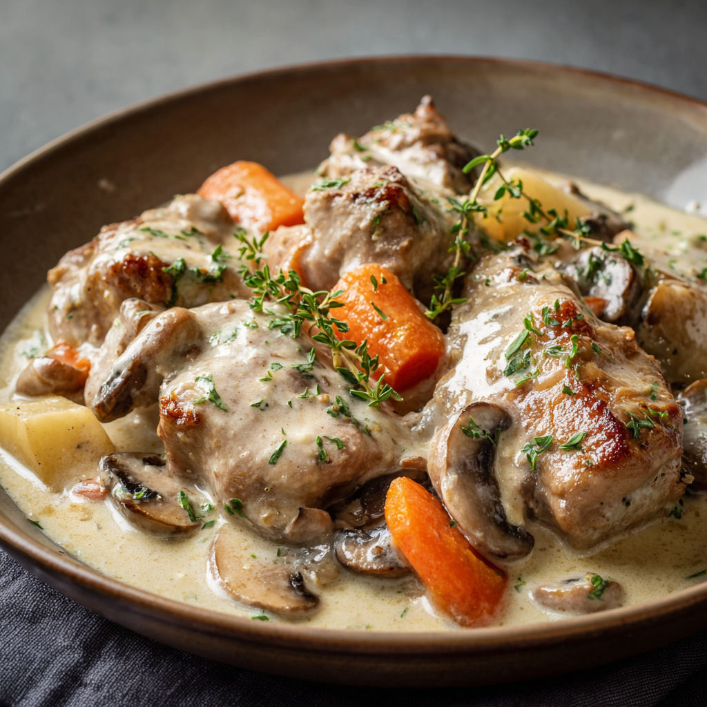Plat mijoté de poulet accompagné de carottes et de champignons.
