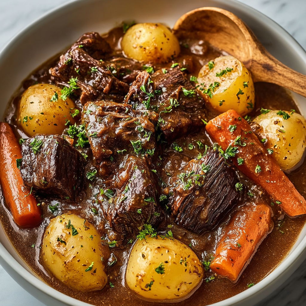 Vue appétissante d’un rôti de bœuf en sauce crème, garni de pommes de terre et carottes fondantes.