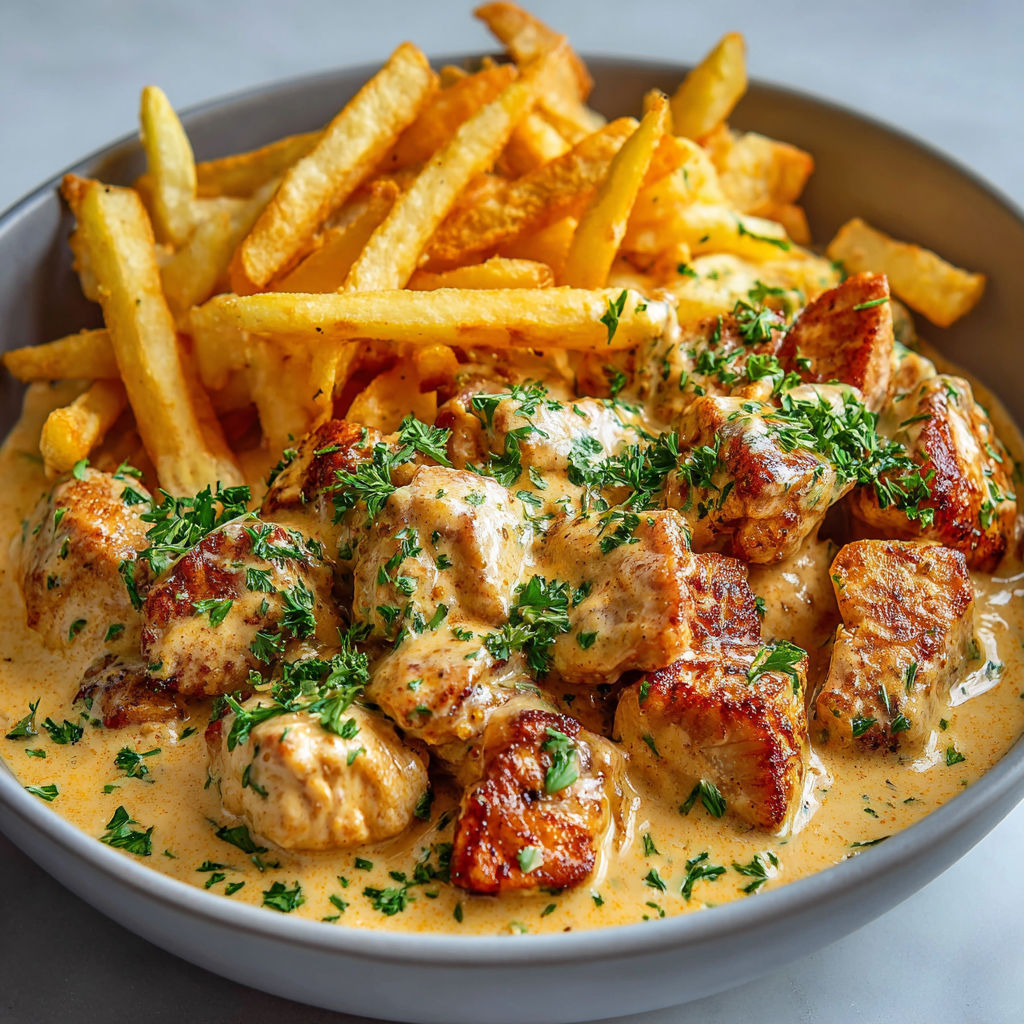 Une assiette de poulet avec sauce curry et frites maison.