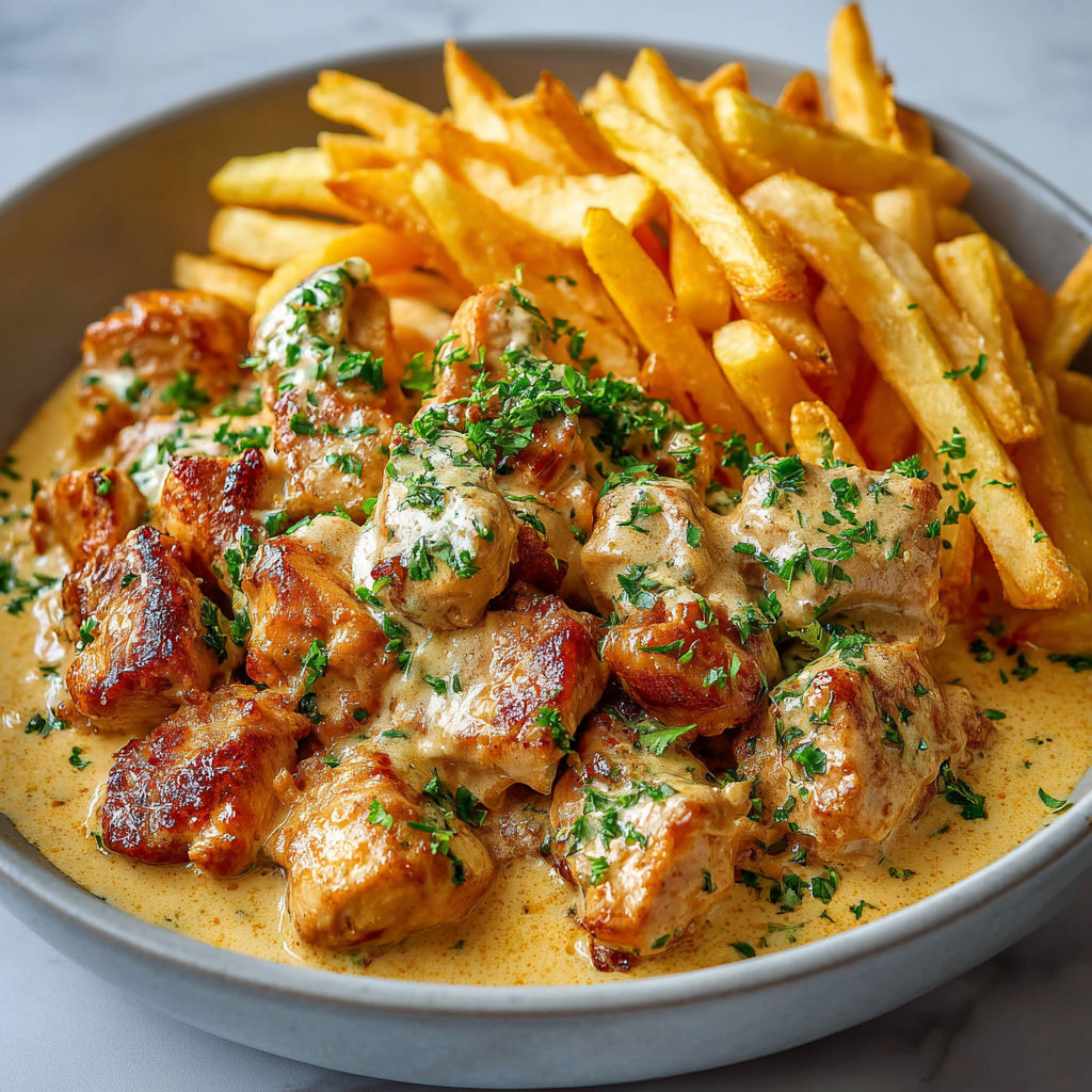 Un poulet en sauce ultra gourmand, accompagné de frites dorées.
