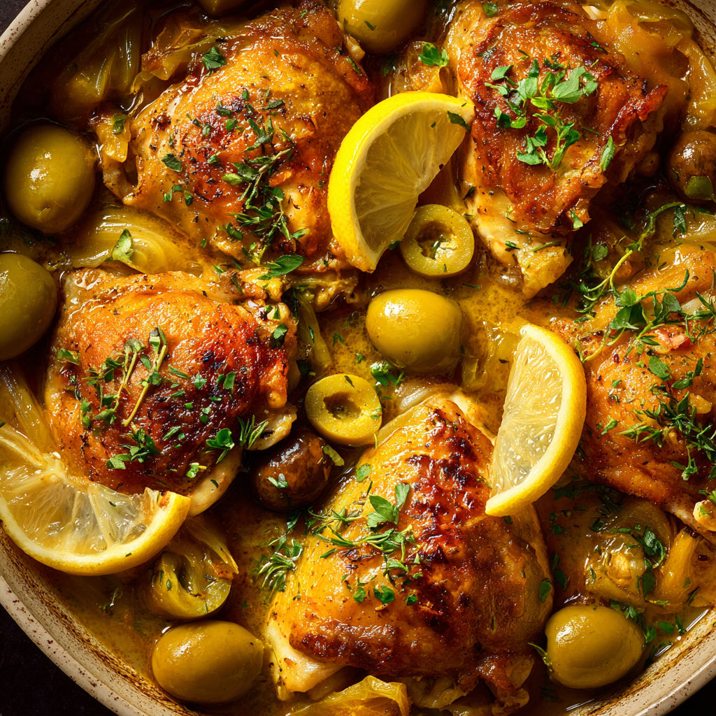 Un succulent poulet nappé d’une sauce citron-olive, inspiré d’Etchebest.
