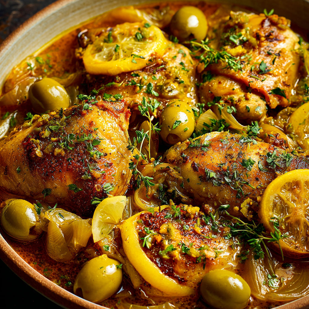 Un plat de poulet mijoté avec oignons et olives dans une grosse casserole.