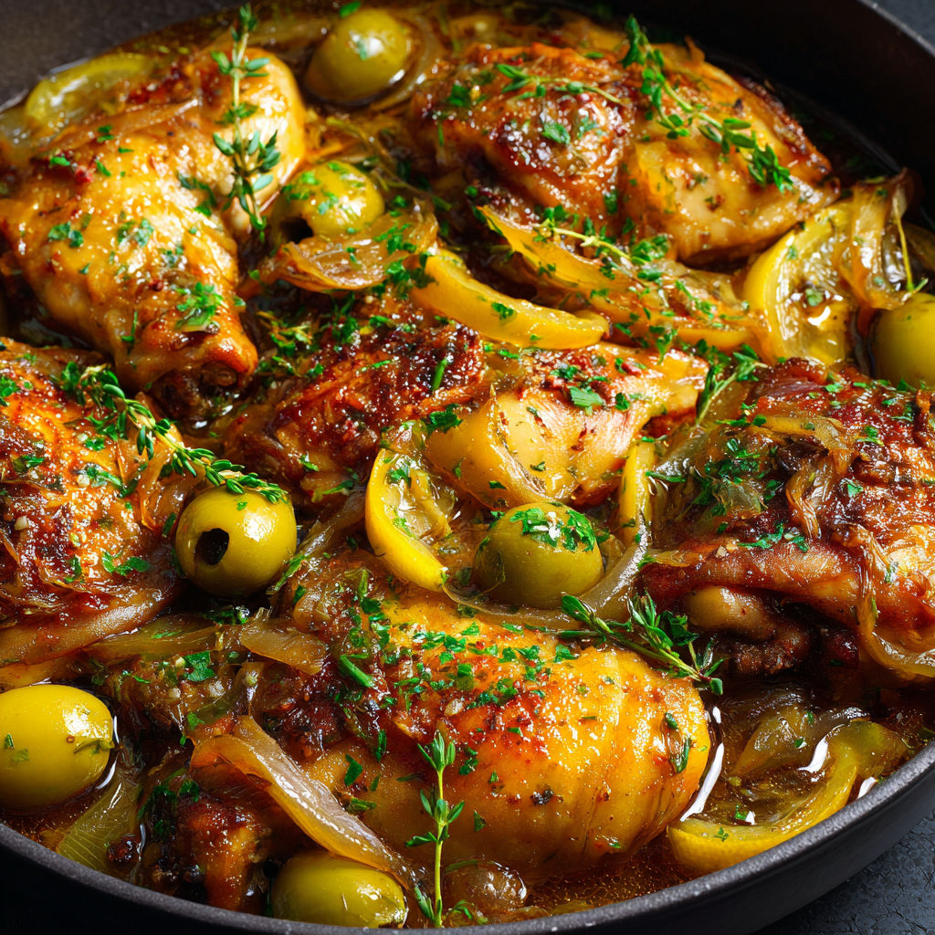 Un poulet farci gourmand entouré d’oignons et d’olives dans une sauce parfumée.