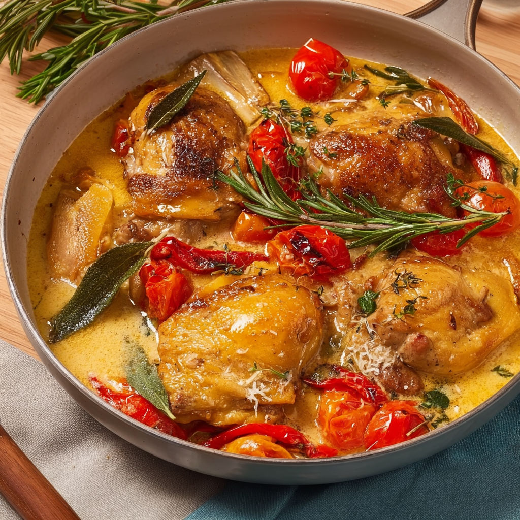 Dans une grande poêle, des morceaux de poulet fondants mijotent avec des légumes et des herbes.