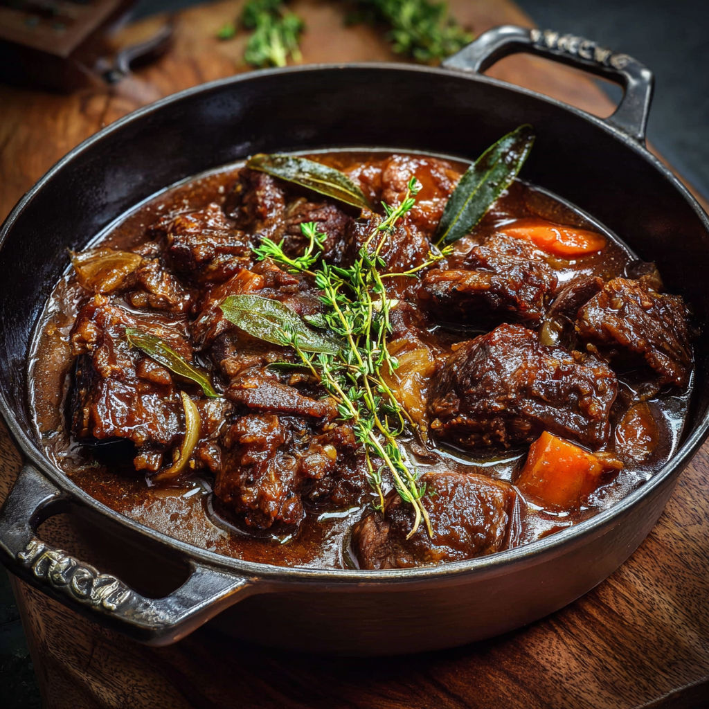 Un mijoté de boeuf doré avec carottes et herbes fraîches.