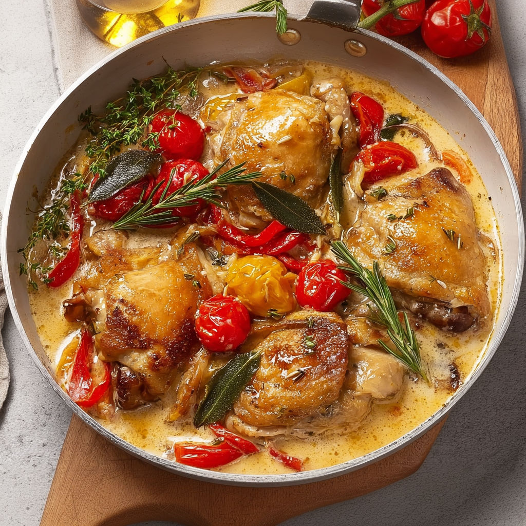 Un plat à base de poulet, tomates et herbes fraîches.
