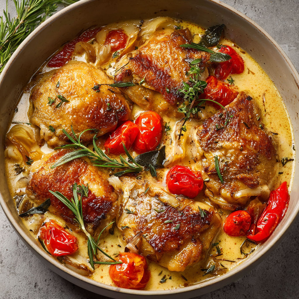 Dans une jolie casserole, on retrouve du poulet avec des légumes du soleil et des herbes fraîches.