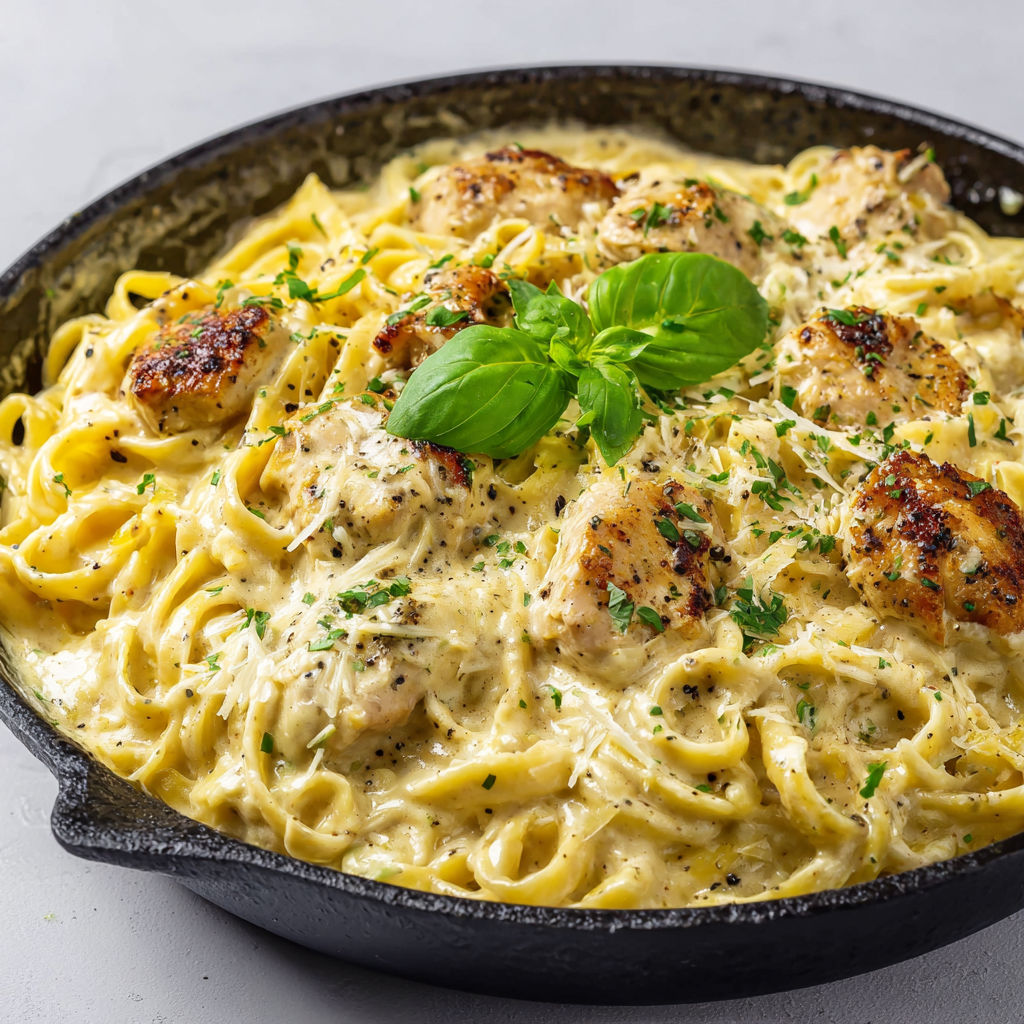 Dans un bol noir, un joli mélange de pâtes, poulet et sauce moutarde crémeuse prêt à être savouré.