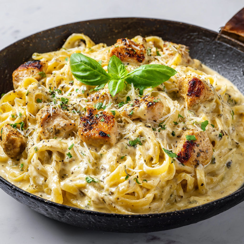 Un plat de spaghetti nappé de sauce tomate, garni de morceaux de poulet et de légumes verts.