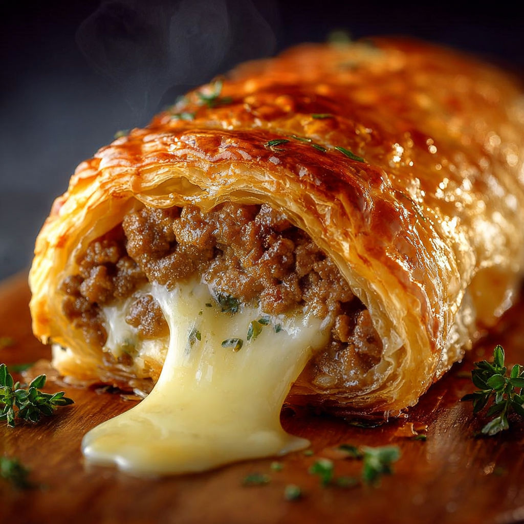 Ce roulé feuilleté à la viande hachée et fromage coulant met l’eau à la bouche avec sa croûte dorée, et ce beurre fondu qui dégouline à l’intérieur.