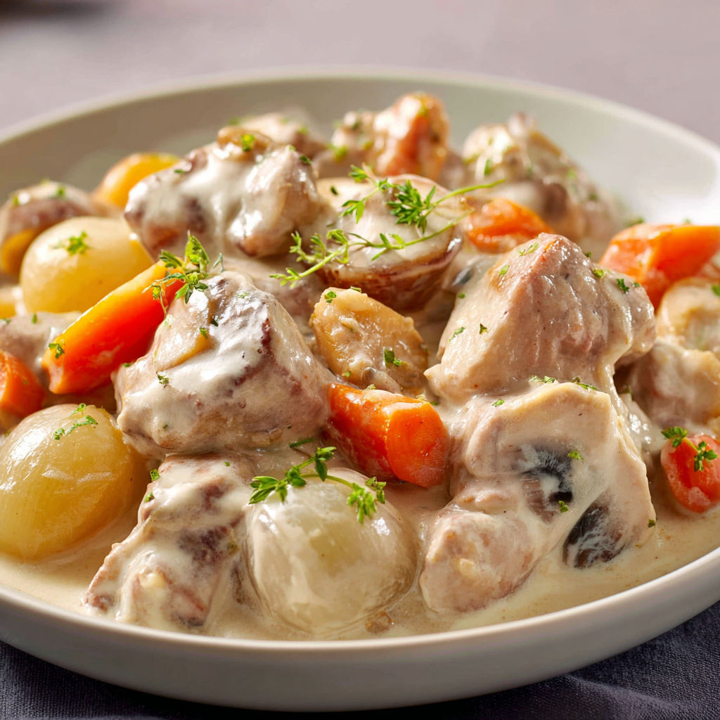 Assiette garnie de viande, légumes variés comme champignons et carottes, pommes de terre en plus.