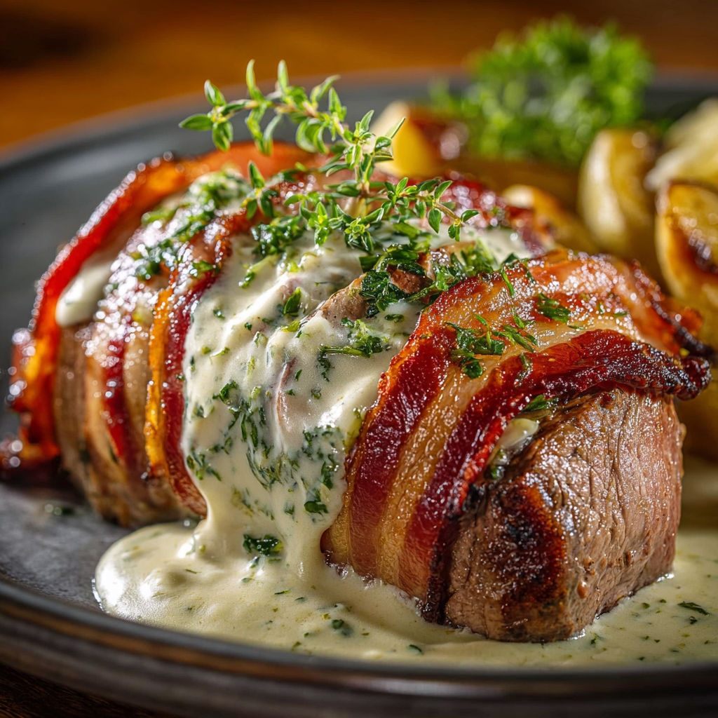 Une belle viande snackée avec une sauce onctueuse au pesto et plein d'herbes fraîches.