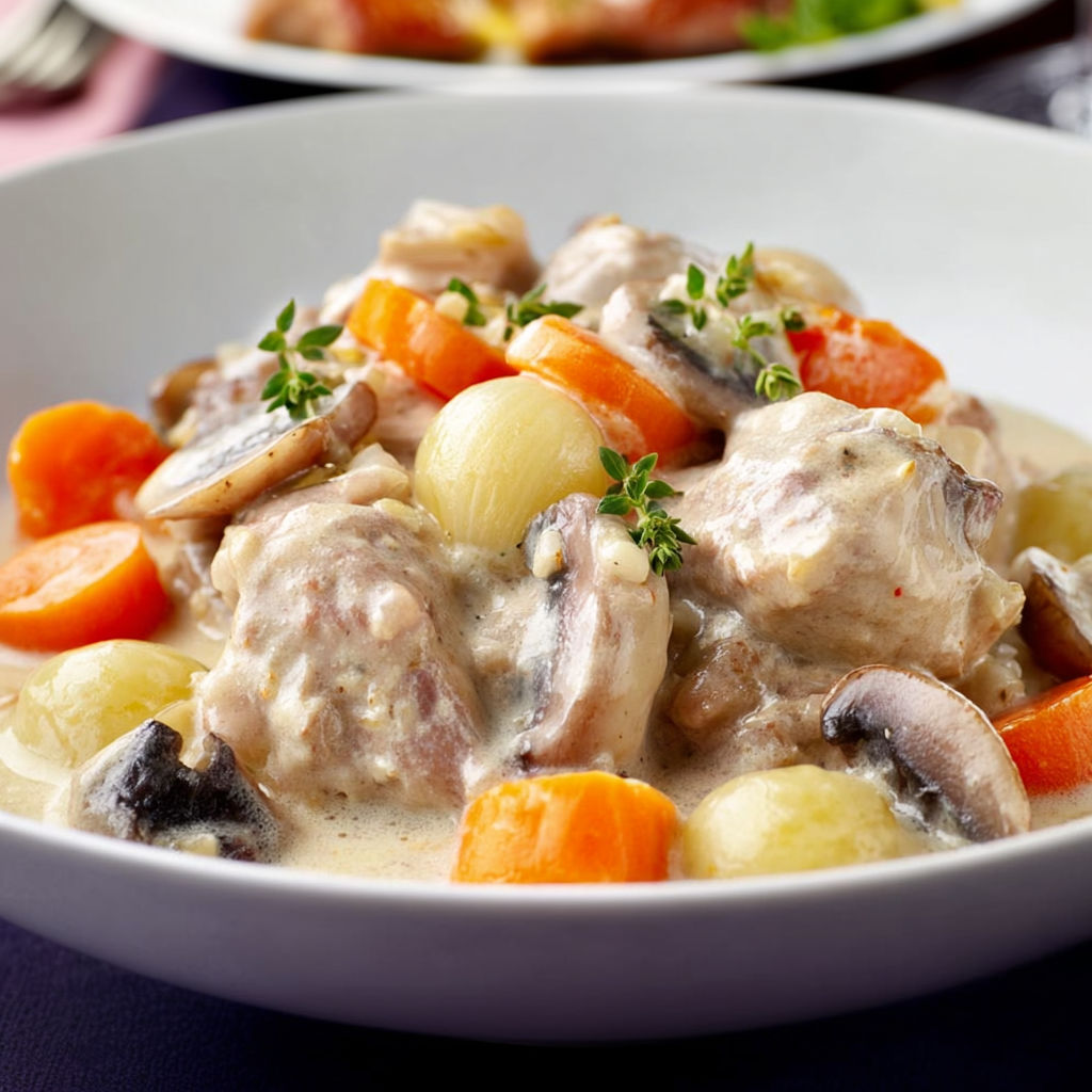 On a servi une délicieuse blanquette de veau aux légumes toute chaude à table.