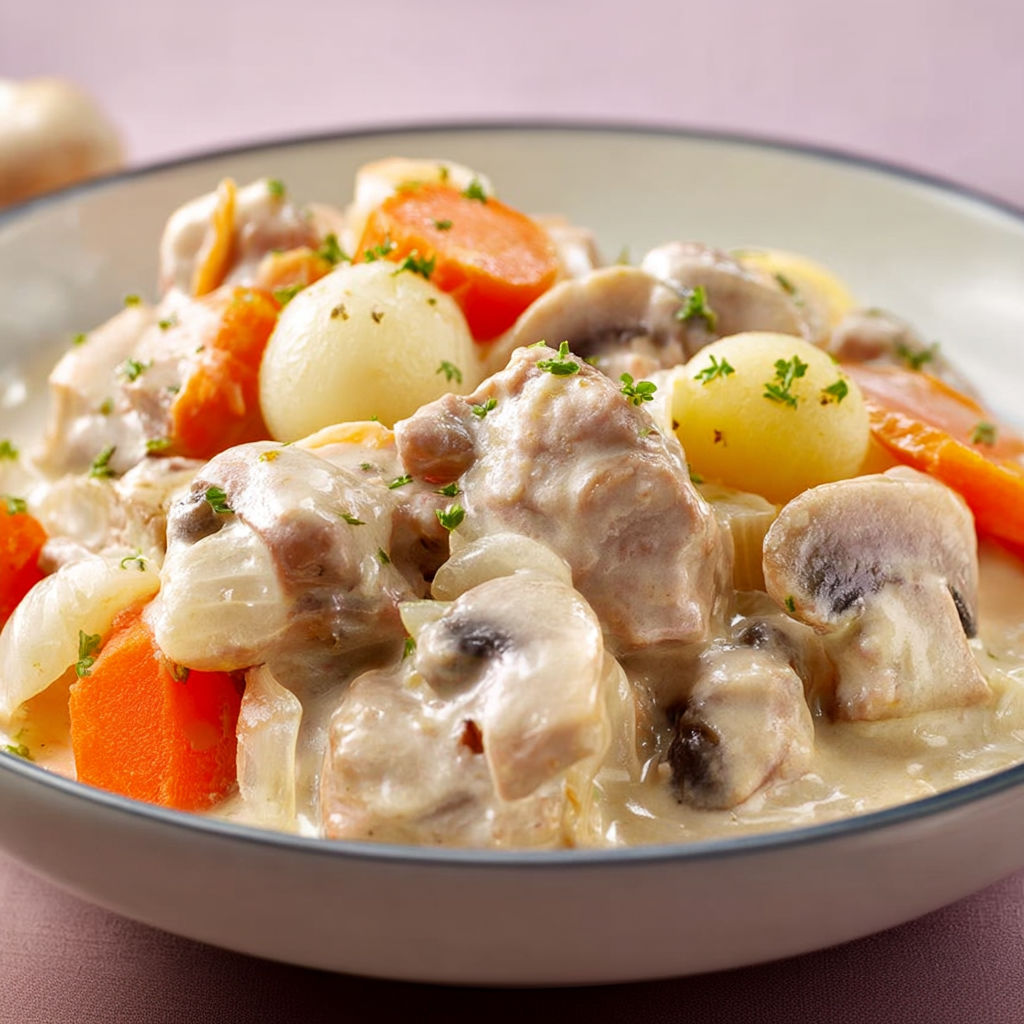 Belle assiette copieuse de blanquette de veau, légumes comme pommes de terre et champignons et carottes fondantes.