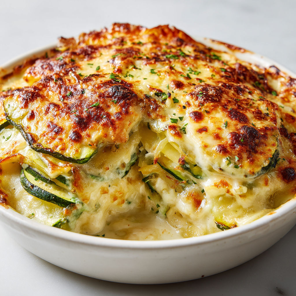 Un délicieux gratin savoyard aux courgettes et herbes, prêt à déguster, sur une table blanche.