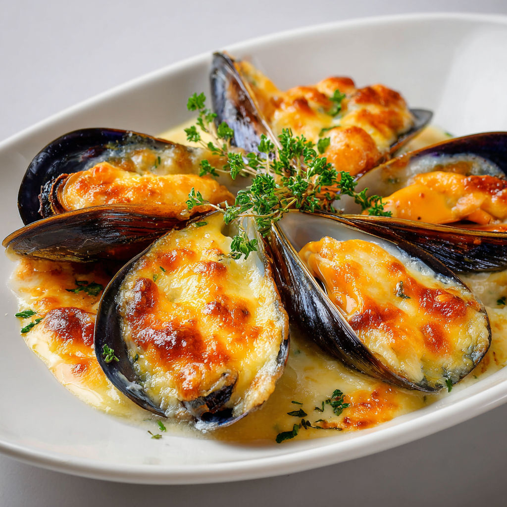 Moules dorées, crème fondante et fromage.