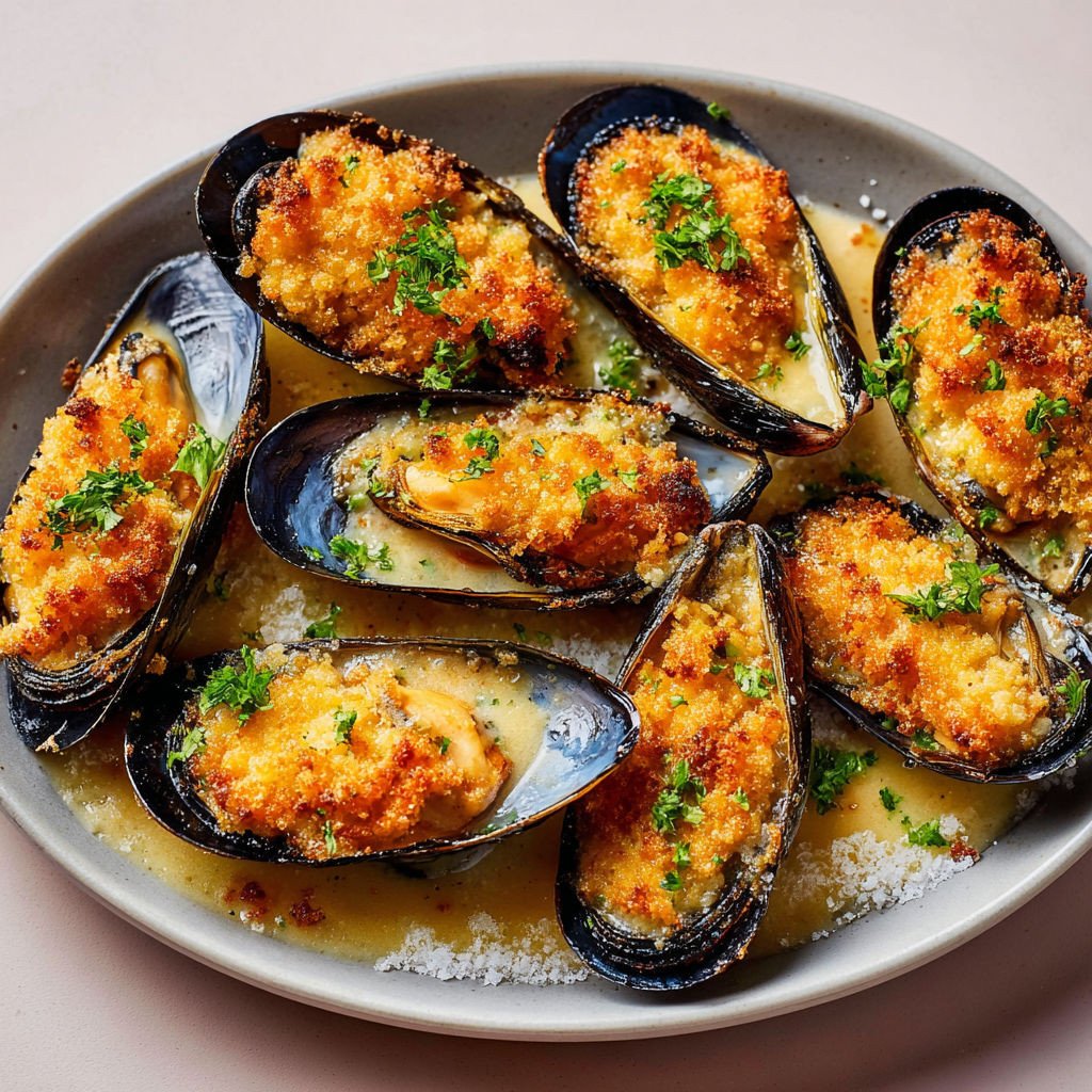 Moules gratin ultra croustillant au parmesan.