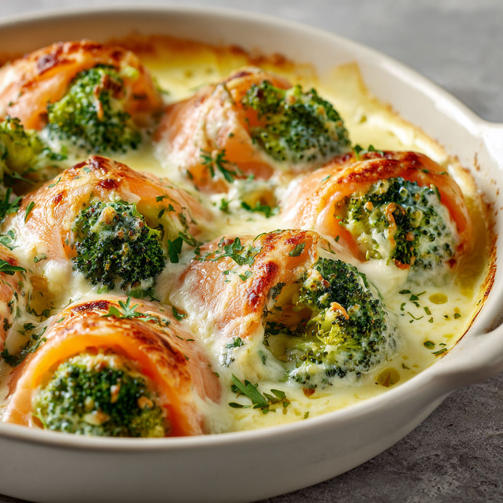 Gratin bien crémeux de saumon fumé et brocolis.