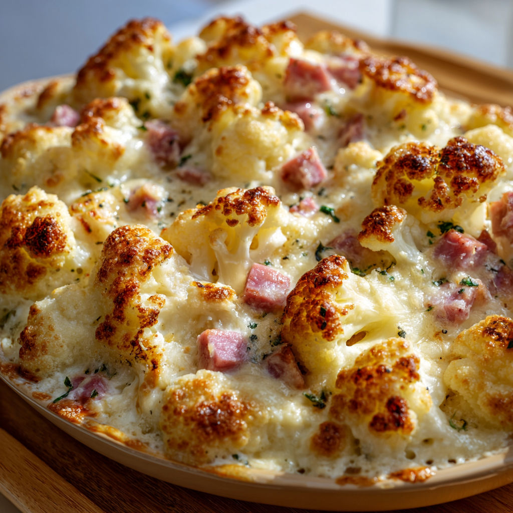 Plat cozy de chou-fleur et jambon gratiné doré.