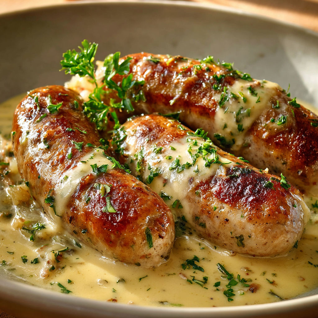 Andouillettes bien dorées nappées d’une moutarde relevée