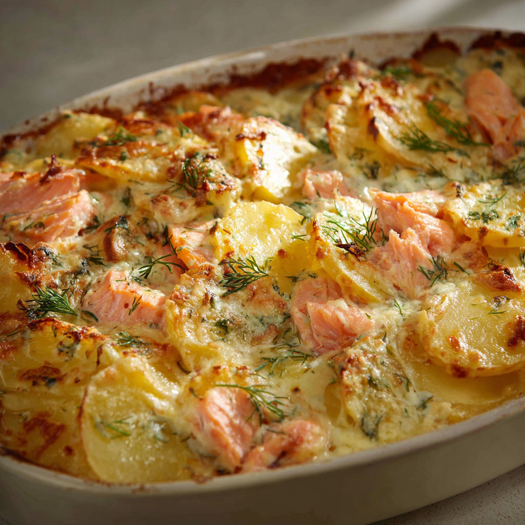 Plat en céramique rempli de gratin de pommes de terre, saumon et aneth, bien doré.